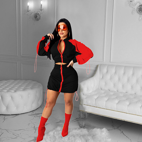 Spliced Contrast Color Long Sleeve Zipper Top Skirt 2piece Outfit CHY-1290