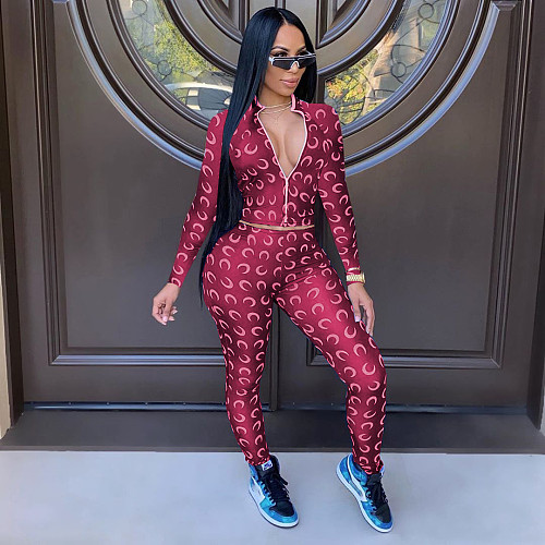 Moon Print Long Sleeve Crop Top Leggings Women Tracksuit NM-8332