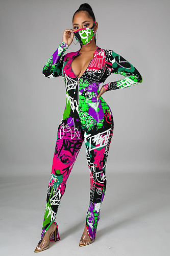 Street Colorful Graffiti Print Long Sleeve Zipper Bodycon Jumpsuit HM-6359