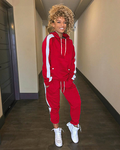 Women Side Stripe Hoodie Sweatshirt Top Pants Sports Jogging Suit WSM-5120