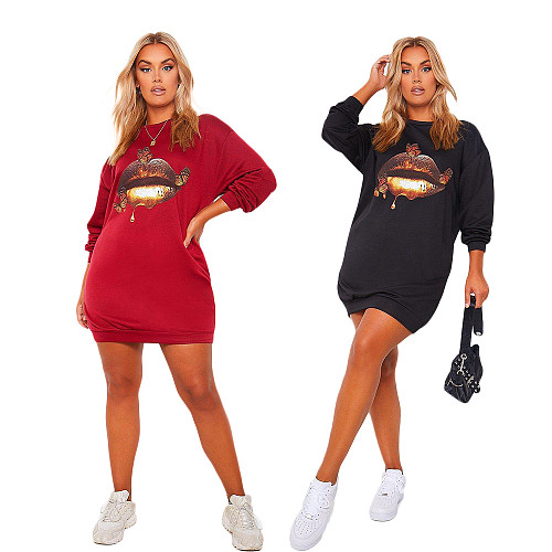 Autumn Patterned Long Sleeves Loose-fitting Sweatshirt Dress DY-6632