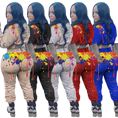 Splash-ink Print Hoodies Sweatshirt+Sweatpants Matching Set OY-6238