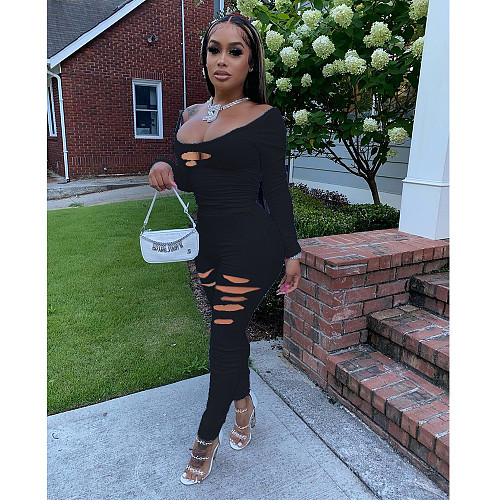 Solid Burnt Holes Long Sleeve T-shirt Skinny Pants Two-piece Outfit DY-6610