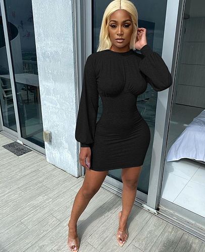 Elegant Women Long Sleeve Solid Lantern Sleeve Bodycon Dress MEM-8317