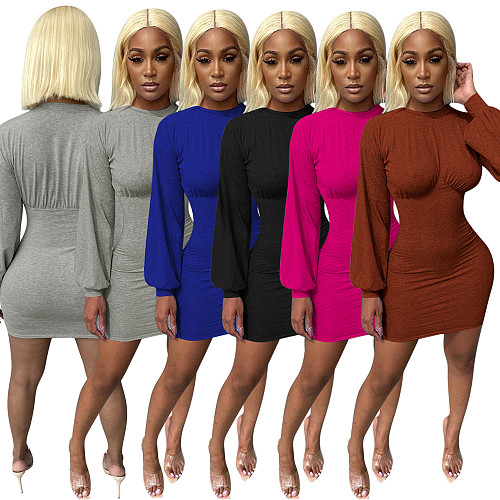 Elegant Women Long Sleeve Solid Lantern Sleeve Bodycon Dress MEM-8317