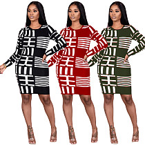 Women Printed Round Neck Long Sleeves Mid-length Slim Dress DY-6628