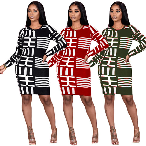 Women Printed Round Neck Long Sleeves Mid-length Slim Dress DY-6628