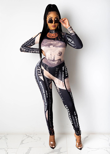 US Money Dollar Print Long Sleeve Sexy Fitness Skinny Bodysuits SHD-9506