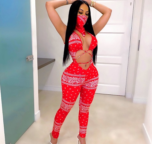 Sexy Print Sleeveless Hollowed-out Skinny Jumpsuit Without Mask CN-0038