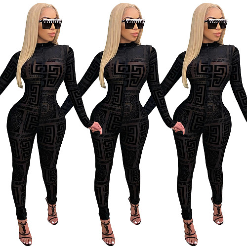 Printed Mesh Spliced Long Sleeve Mid-waist Slim Jumpsuit SHD-9459