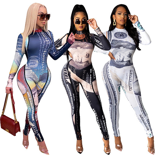 US Money Dollar Print Long Sleeve Sexy Fitness Skinny Bodysuits SHD-9506