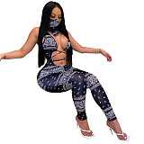 Sexy Print Sleeveless Hollowed-out Skinny Jumpsuit Without Mask CN-0038