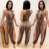 Women Sleeveless Solid Color High Cut Split Loose Jumpsuit BY-3737