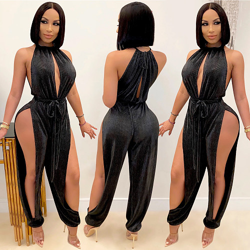Women Sleeveless Solid Color High Cut Split Loose Jumpsuit BY-3737