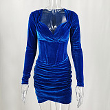 Autumn Velvet Long-sleeved High Waist Fishbone Ruffled Dress MS-1576