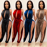 Women Sleeveless Solid Color High Cut Split Loose Jumpsuit BY-3737