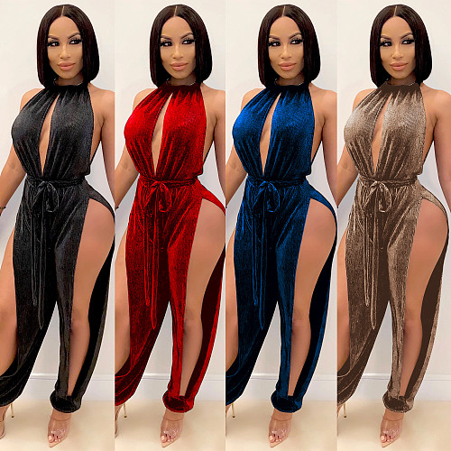Women Sleeveless Solid Color High Cut Split Loose Jumpsuit BY-3737