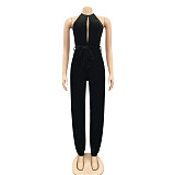 Women Sleeveless Solid Color High Cut Split Loose Jumpsuit BY-3737