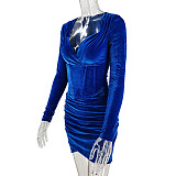 Autumn Velvet Long-sleeved High Waist Fishbone Ruffled Dress MS-1576