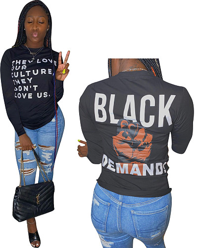 Women Letter Print Slim-fit Round Neck Long Sleeve T-shirt Tops HMS-5417