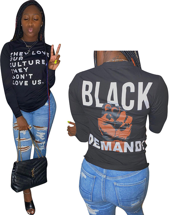 Women Letter Print Slim-fit Round Neck Long Sleeve T-shirt Tops HMS-5417