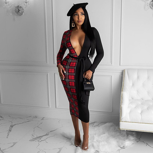 Sexy Plaid Print Deep V Neck Long Sleeve Slim One-piece Dress CHY-1288