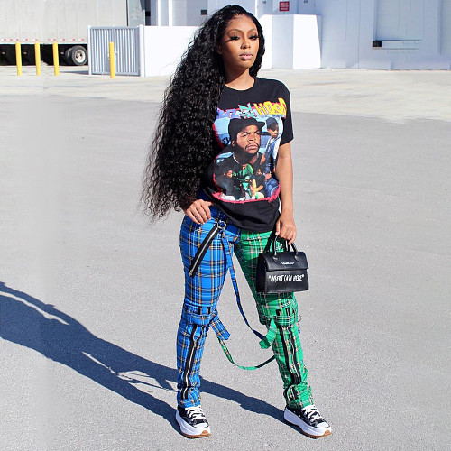 Contrasting Color Patchwork Plaid Print Zipper Mid-waist Pants YH-5201