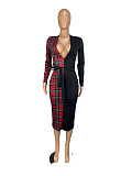 Sexy Plaid Print Deep V Neck Long Sleeve Slim One-piece Dress CHY-1288