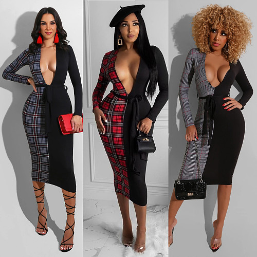 Sexy Plaid Print Deep V Neck Long Sleeve Slim One-piece Dress CHY-1288