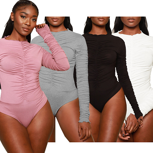Women Sexy Long-sleeved High-waisted Pleated Bodysuit WY-6695