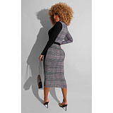 Sexy Plaid Print Deep V Neck Long Sleeve Slim One-piece Dress CHY-1288
