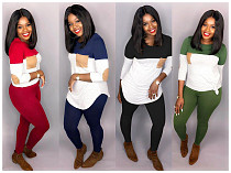 Women's Color Block Stitching Full Sleeve T-shirt Leggings Tracksuit LSD-8614