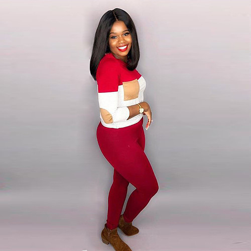 Women's Color Block Stitching Full Sleeve T-shirt Leggings Tracksuit LSD-8614