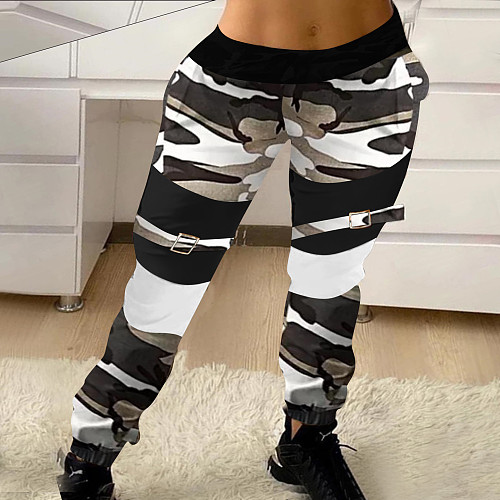 Women Camouflage Print Elastic Mid Waist  Fitness Cargo Pants OY-6241