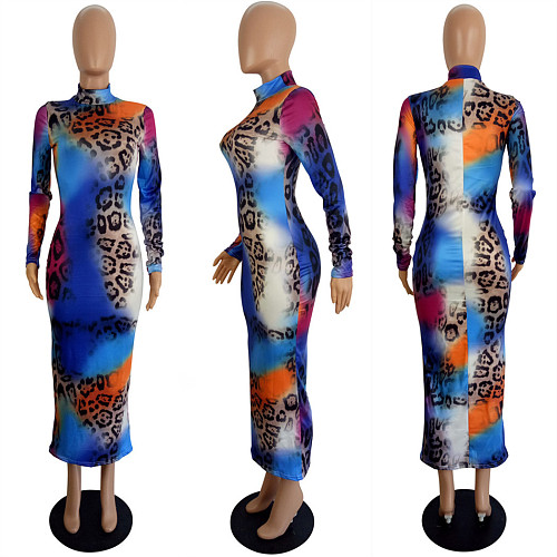 Fashion Printed Stand Collar Long-sleeved Bodycon Midi Dress LSL-6406