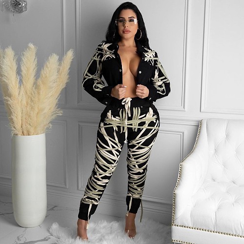Autumn Woven Ribbon Long Sleeve Cardigan Dark Jacket BNY-7142