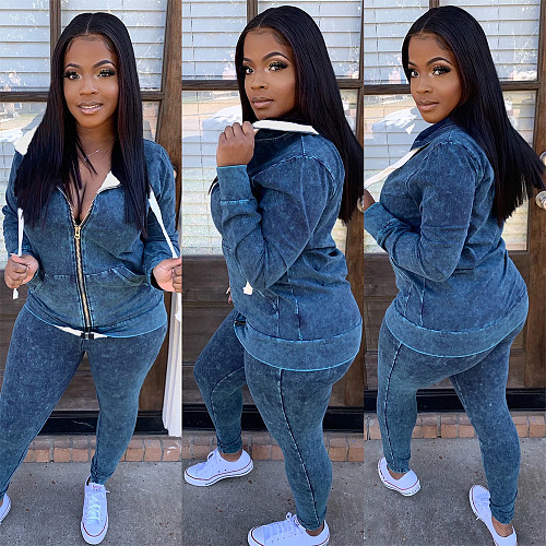 Women Long Sleeve Zipper Hoodie Jacket Legging Slim Outfit DY-6634