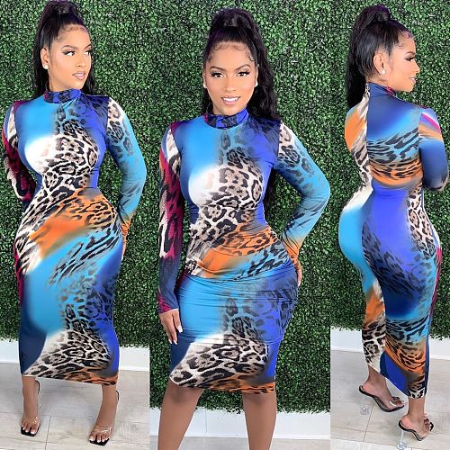 Fashion Printed Stand Collar Long-sleeved Bodycon Midi Dress LSL-6406