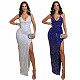 Women Sexy V Neck Backless Glitter Sequin Shiny Evening Dress LS-80497