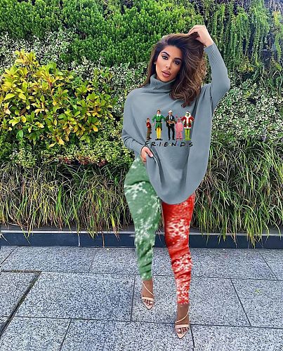 Christmas Print Bat Sleeve Slit Blouse Leggings 2 Piece Set SD-1196