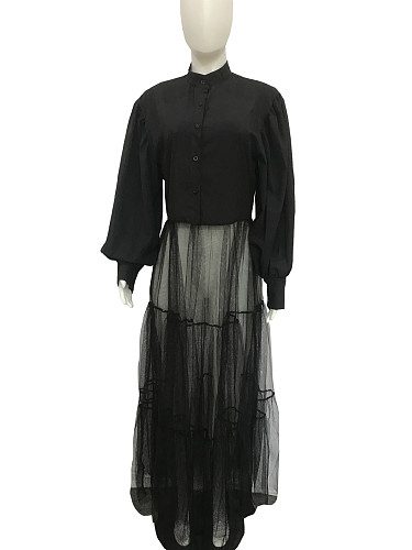 Autumn Gauze Patchwork Long Sleeve Slim Waist Dresses LS-0315