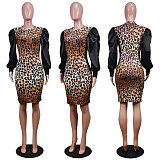 Sexy Leopard Print Round Neck Long Sleeve Slim Waist Dress WY-6680