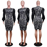 Sexy Leopard Print Round Neck Long Sleeve Slim Waist Dress WY-6680
