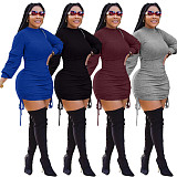 Solid Color Long-sleeved Round Neck Drawstring Bodycon Dress XMY-9278