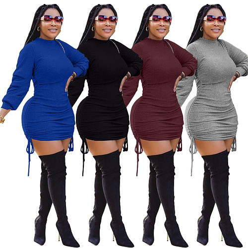 Solid Color Long-sleeved Round Neck Drawstring Bodycon Dress XMY-9278