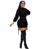 Solid Color Long-sleeved Round Neck Drawstring Bodycon Dress XMY-9278