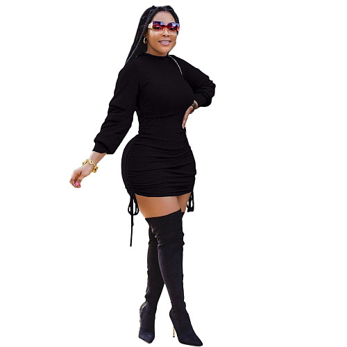 Solid Color Long-sleeved Round Neck Drawstring Bodycon Dress XMY-9278