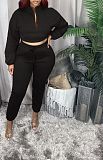 Winter Solid Long Sleeve Crop Top Pants Sportwear Matching Set WSM-5211