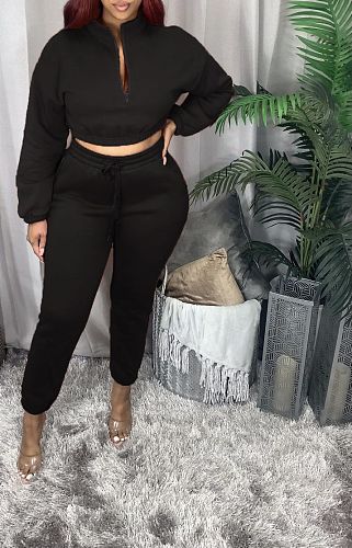 Winter Solid Long Sleeve Crop Top Pants Sportwear Matching Set WSM-5211