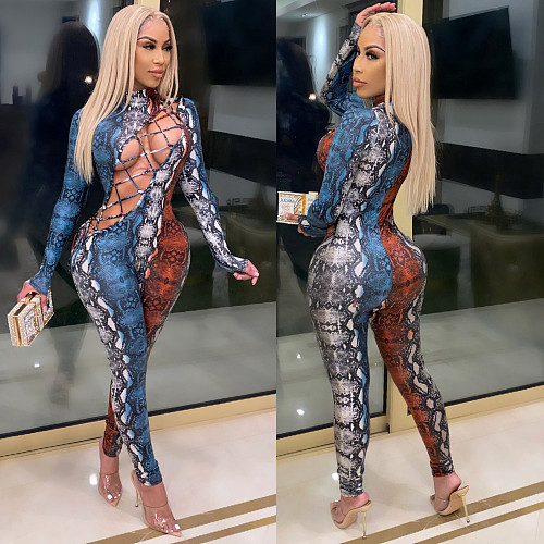 Snake Print Bodycon Long Sleeve Hollow Out Laced Jumpsuits CHY-1298